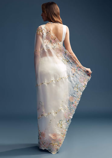 Off White Paper Tissue Saree With Floral Embroidery