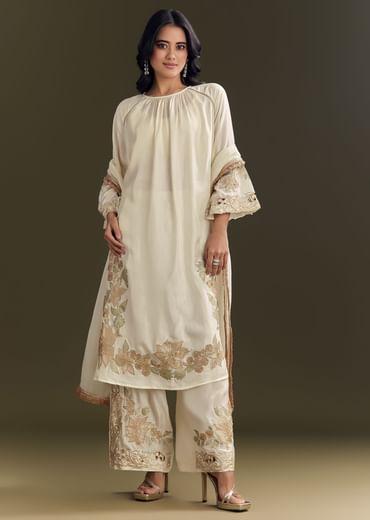 Off White Russian Silk Kurta Dupatta Set With Applique Zari Work