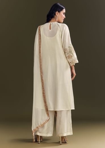 Off White Russian Silk Kurta Dupatta Set With Applique Zari Work