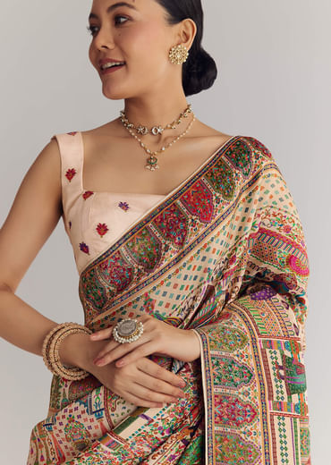 Off White Saree In Natural Traditional Prints