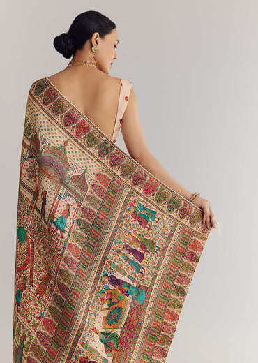 Off White Saree In Natural Traditional Prints