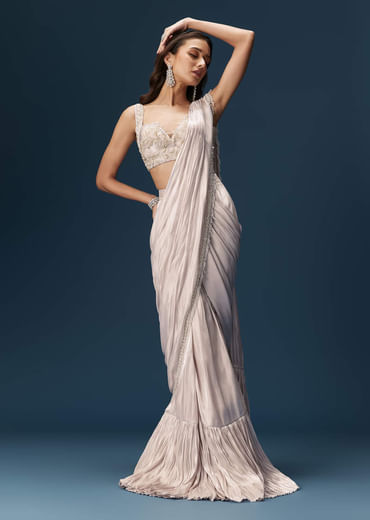Off White Saree With Embroidered Blouse