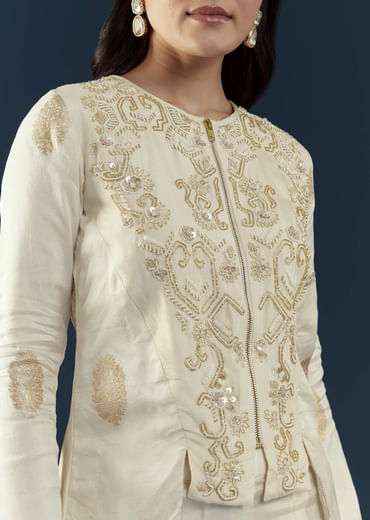 Off White Silk Embroidered Crop Top and Pant Set