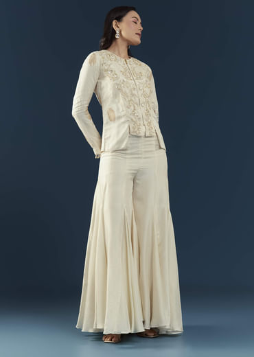 Off White Silk Embroidered Crop Top and Pant Set