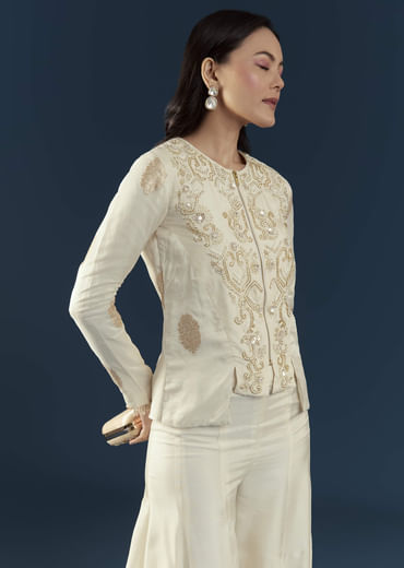 Off White Silk Embroidered Crop Top and Pant Set