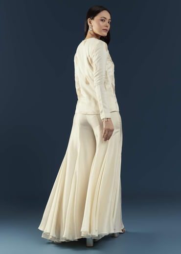 Off White Silk Embroidered Crop Top and Pant Set