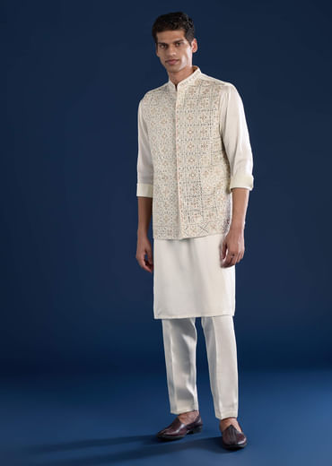 Off White Silk Jacket Kurta Set with Mirror Work