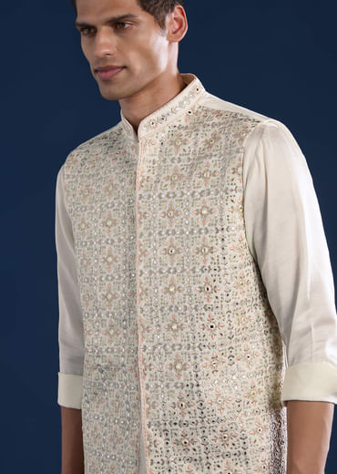 Off White Silk Jacket Kurta Set with Mirror Work