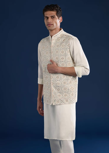 Off White Silk Jacket Kurta Set with Mirror Work
