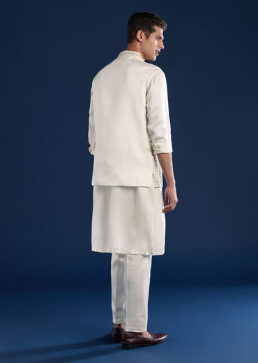 Off White Silk Jacket Kurta Set with Mirror Work