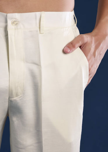 Off White Silk Jacket Kurta Set with Mirror Work