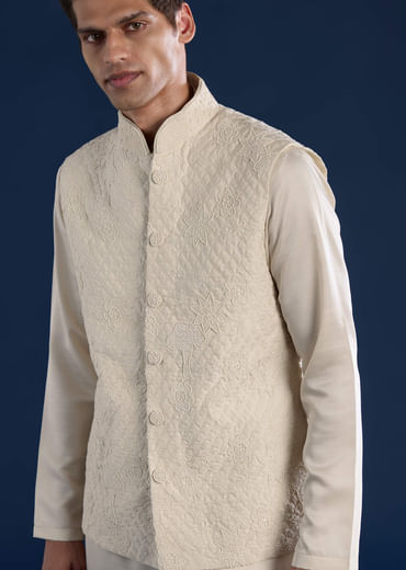 Off White Silk Jacket Kurta Set with Moti Work