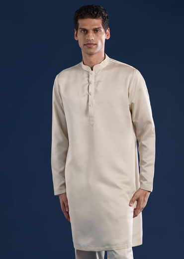 Off White Silk Jacket Kurta Set with Moti Work