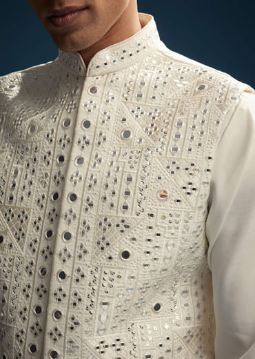 Off White Silk Kurta Jacket Set For Men With Abla Work