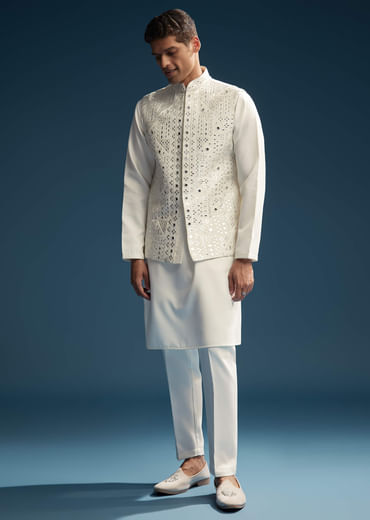 Off White Silk Kurta Jacket Set For Men With Abla Work
