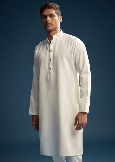 Off White Silk Kurta Jacket Set For Men With Abla Work