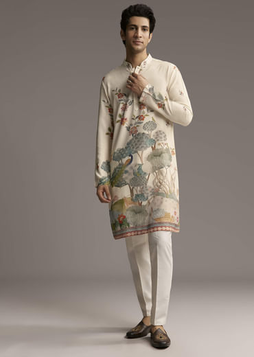 Off White Silk Kurta Set For Men With Scenic Nature Inspired Print
