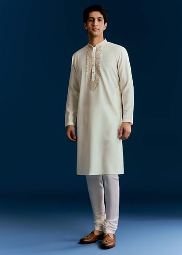 Off White Silk Kurta Set With Thread Embroidery