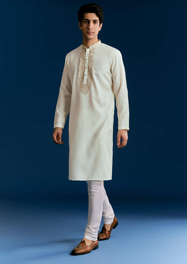 Off White Silk Kurta Set With Thread Embroidery
