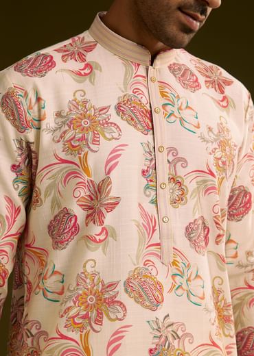 Off White Silk Kurta Set With Warm Coloured Nature Motifs