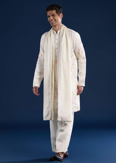 Off White Silk Linen Blend Mens Kurta Set with Dupatta