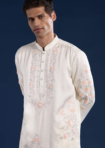 Off White Silk Linen Blend Mens Kurta Set with Dupatta