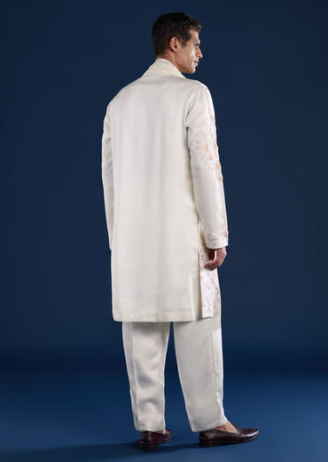 Off White Silk Linen Blend Mens Kurta Set with Dupatta