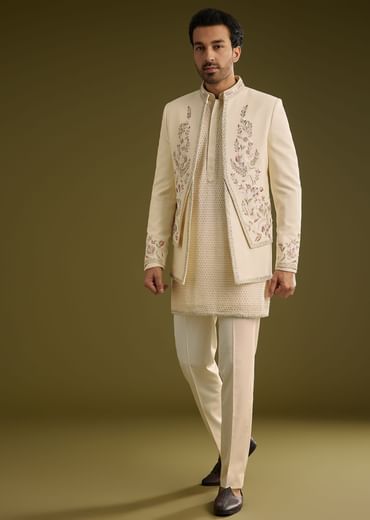 Off White Silk Lucknowi Indo Western Set With Resham Threadwork