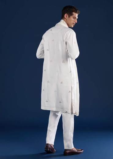 Off White Silk Mens Kurta Set with Dupatta