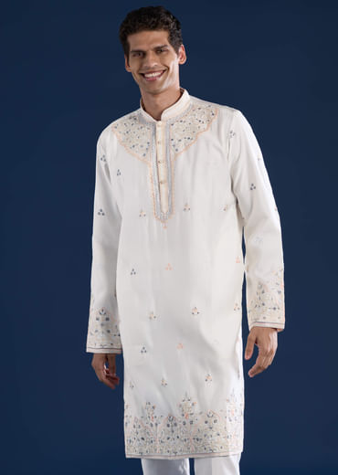 Off White Silk Mens Kurta Set with Dupatta
