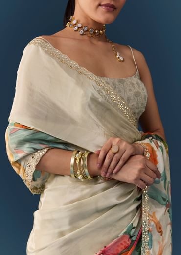 Off White Silk Printed Saree with Blouse Fabric
