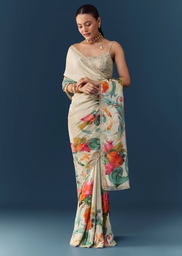Off White Silk Printed Saree with Blouse Fabric