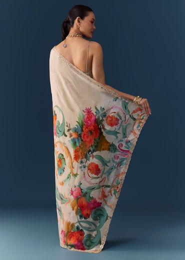 Off White Silk Printed Saree with Blouse Fabric