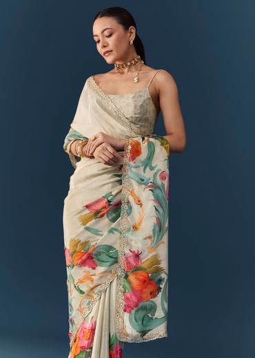 Off White Silk Printed Saree with Blouse Fabric