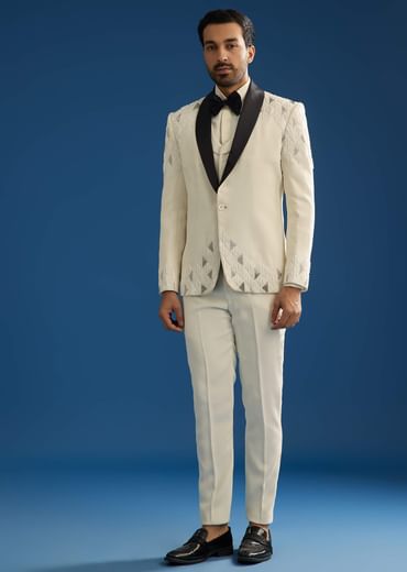 Off White Suiting Blazer Set With Beads And Cutdana Embroidery