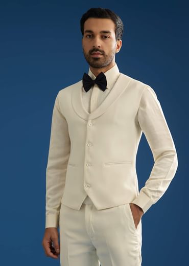 Off White Suiting Blazer Set With Beads And Cutdana Embroidery
