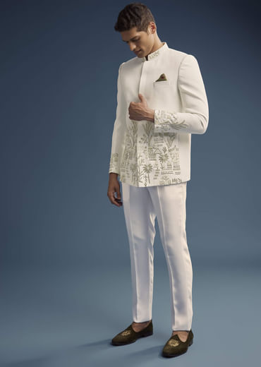 Off White Suiting Fabric Jodhpuri Suit For Men With Heavy Embroidery