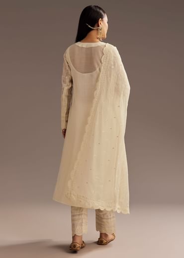 Off White Thread Motiwork Chanderi Kurta Dupatta Set