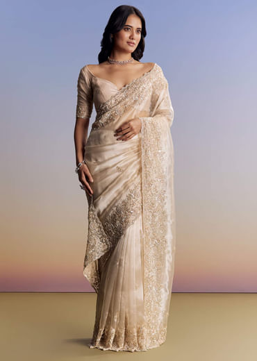 Off White Tissue Saree With Cutdana Floral Embroidery