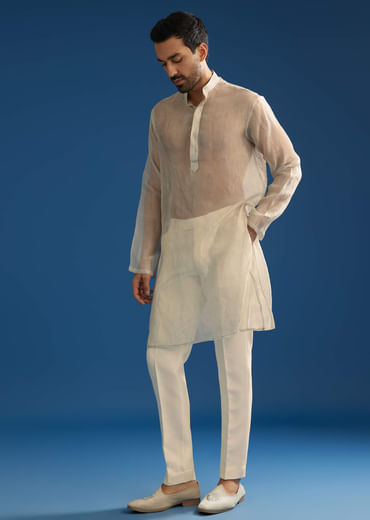 Off White Tussar Groomsman Sherwani Suit With Hand Embroidery