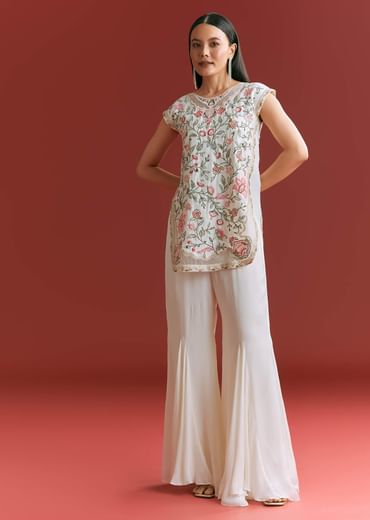 Off White Viscose Silk Short Kurta Set With Resham Work
