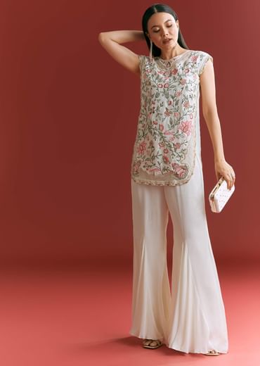 Off White Viscose Silk Short Kurta Set With Resham Work