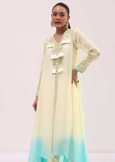 Off White And Blue Georgette Kurta Dhoti