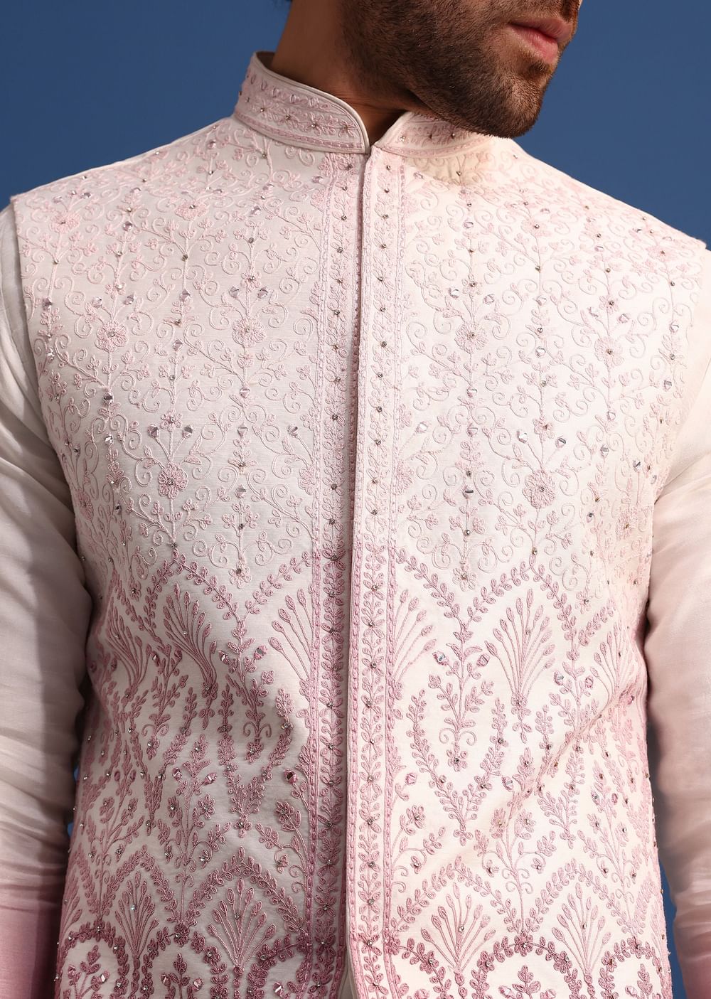 Off White And Pink Ombre Kurta Set With Mirror Work Jacket