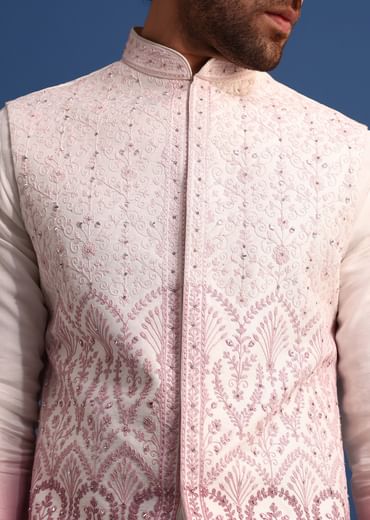 Off White And Pink Ombre Kurta Set With Mirror Work Jacket