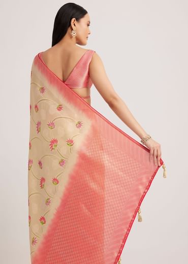 Off White Banarasi Silk Saree With Woven Contrast Red Border