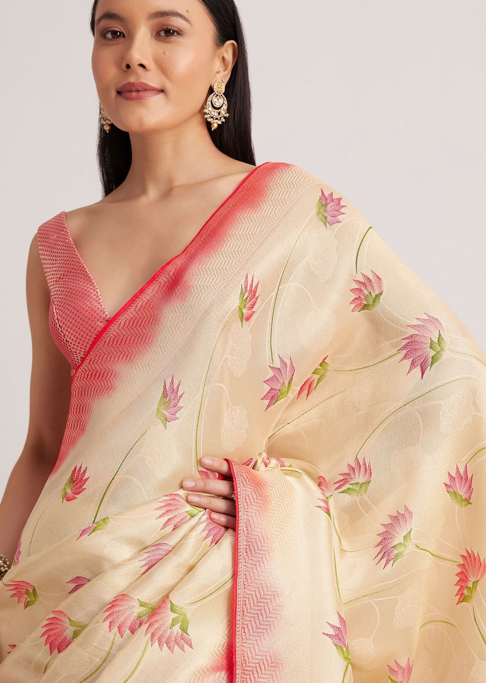 Off White Banarasi Silk Saree With Woven Contrast Red Border