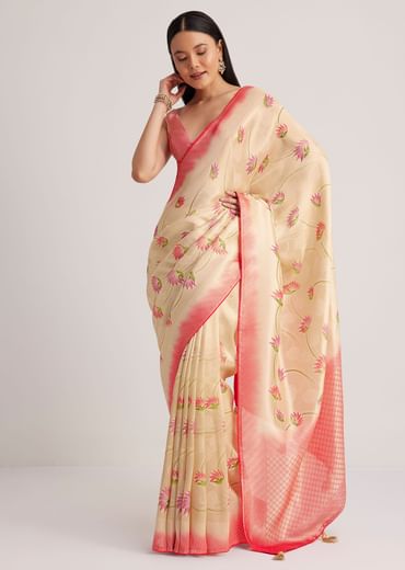 Off White Banarasi Silk Saree With Woven Contrast Red Border