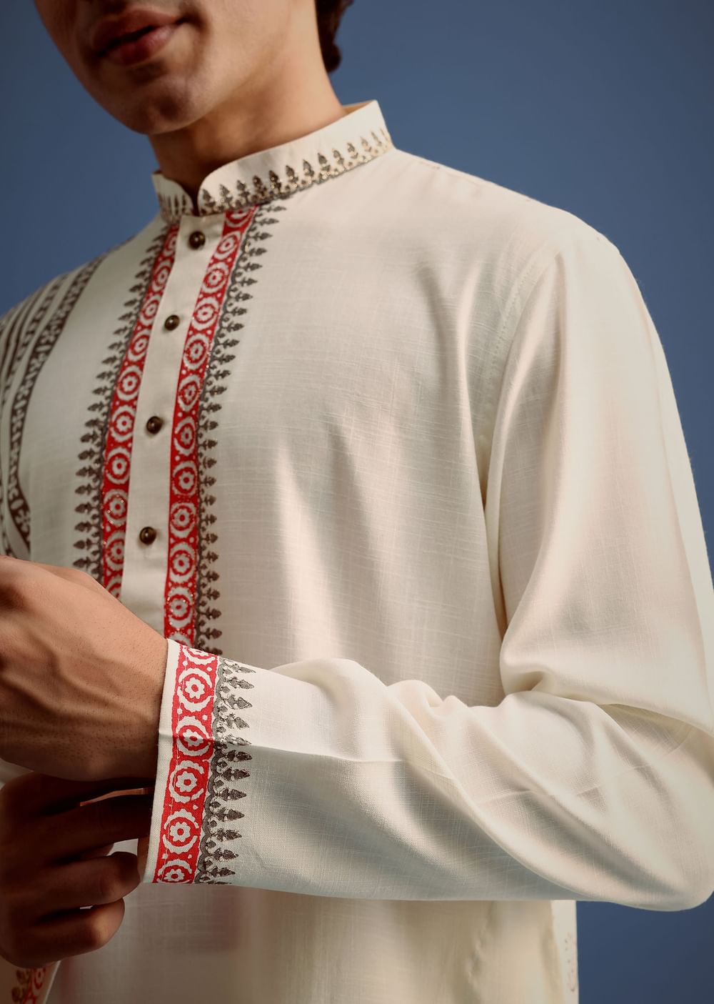 Off White Block Printed Kurta Set With Zari Hand Embroidery