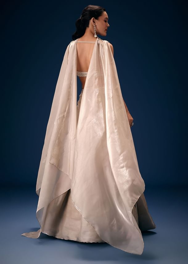 Off White Blouse With Fishcut Lehenga And Choker Dupatta